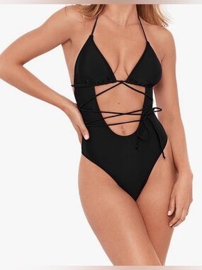 Sports Illustrated Swim Black Lace-Up Cutout One-Piece